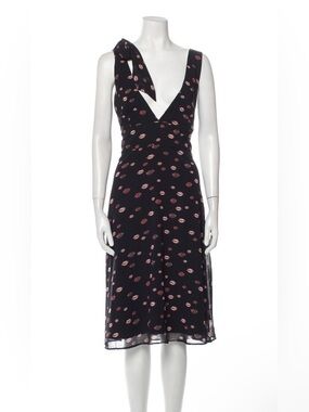 Hutch Black and Pink Lip-Print V-Neck Tie-Shoulder Dress